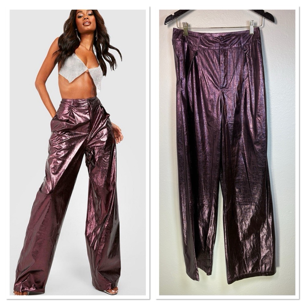 NWT Boohoo Metallic Purple Straight Leg Trouser Pants Faux Leather High‎ Rise 6